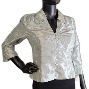 J.R. Nites by Caliendo Petite Blue Satin Embroidered Evening Jacket Size 6P NWT